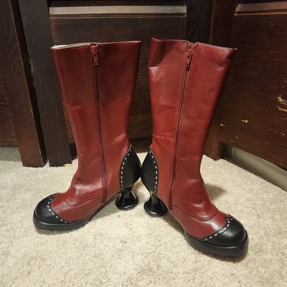 John Fluevog Burgundy and Black Heeled Boots - Picture 2 of 8